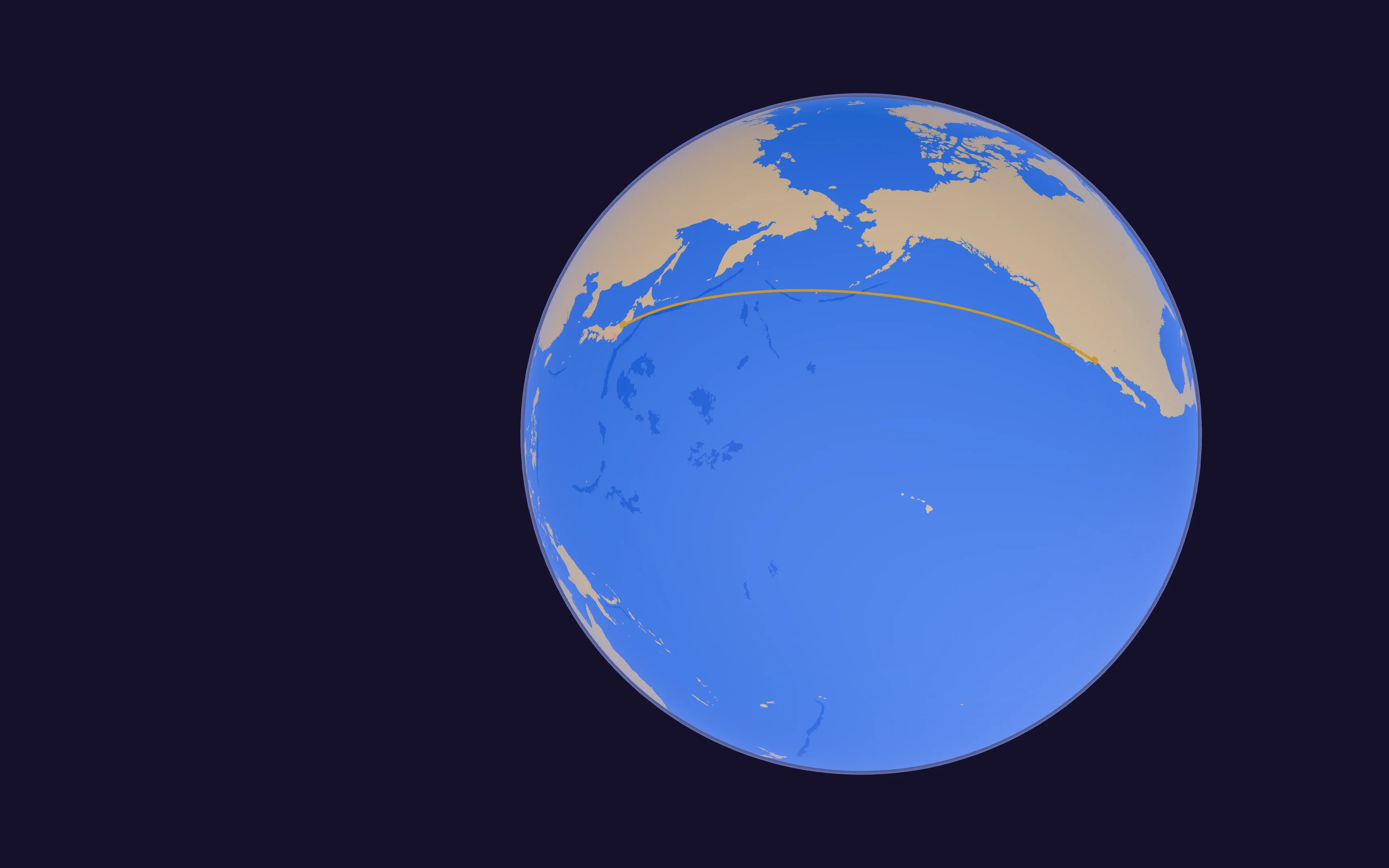 The North Pacific from space, its depths in layers of blue, with a marigold arc from Los Angeles to Sendai.