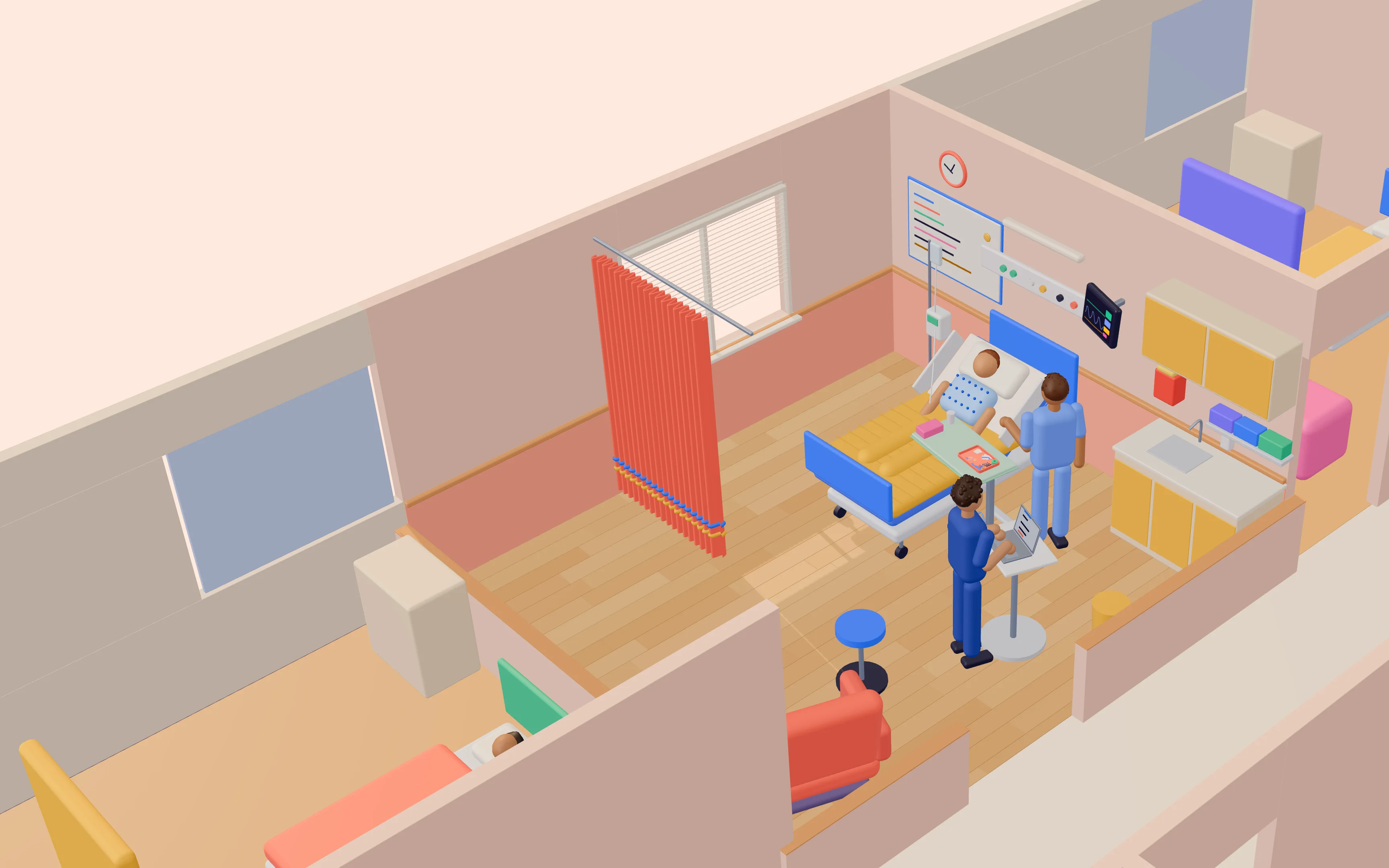 A hospital room in warm afternoon light: a surgeon in blue scrubs at the bedside, a scribe at a laptop cart, a heart monitor tracing its waveform, a coral privacy curtain and a patterned blanket.