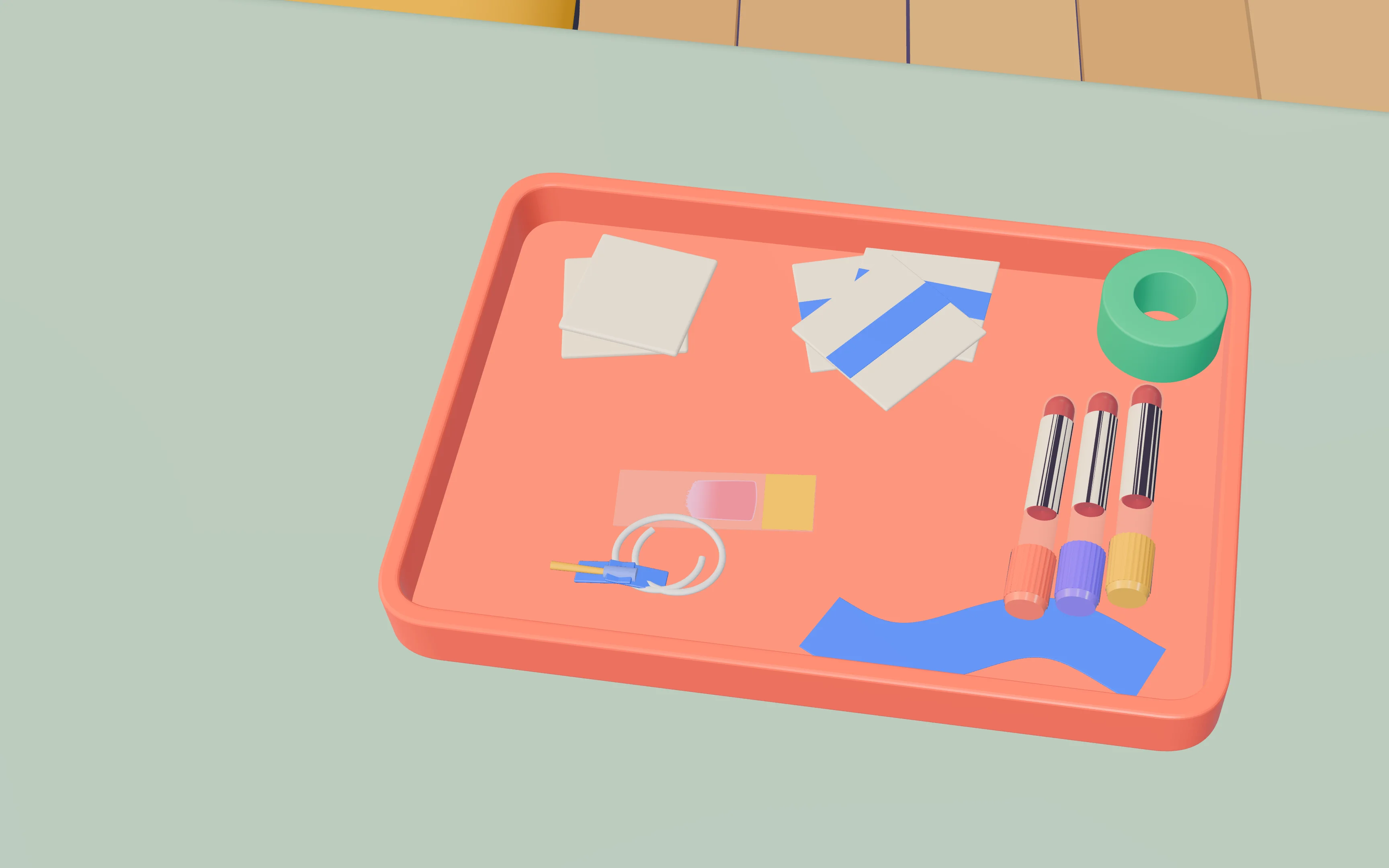 A phlebotomy tray: a blood smear on a glass slide beside tubes with coral, violet and marigold caps, gauze and a coral tourniquet.