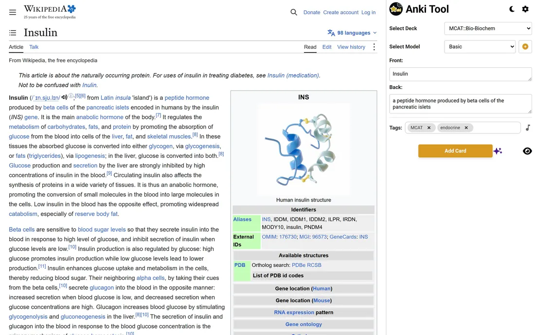 Anki Tool’s side panel beside Wikipedia’s Insulin article, with a card filled in from the page
