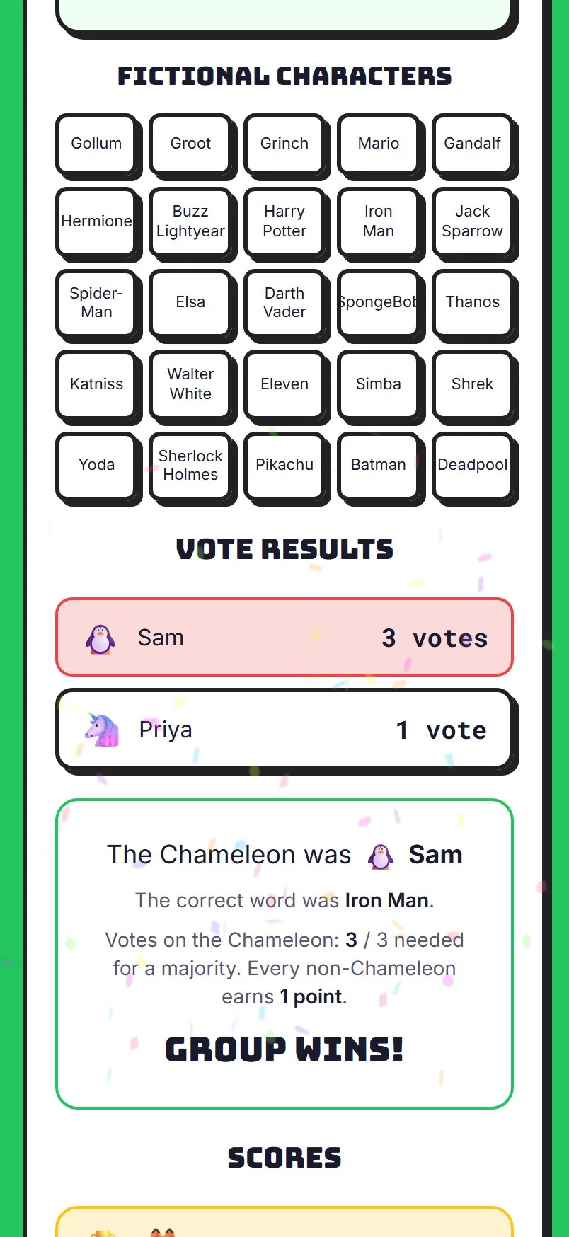 Chameleon: the reveal, with the votes counted