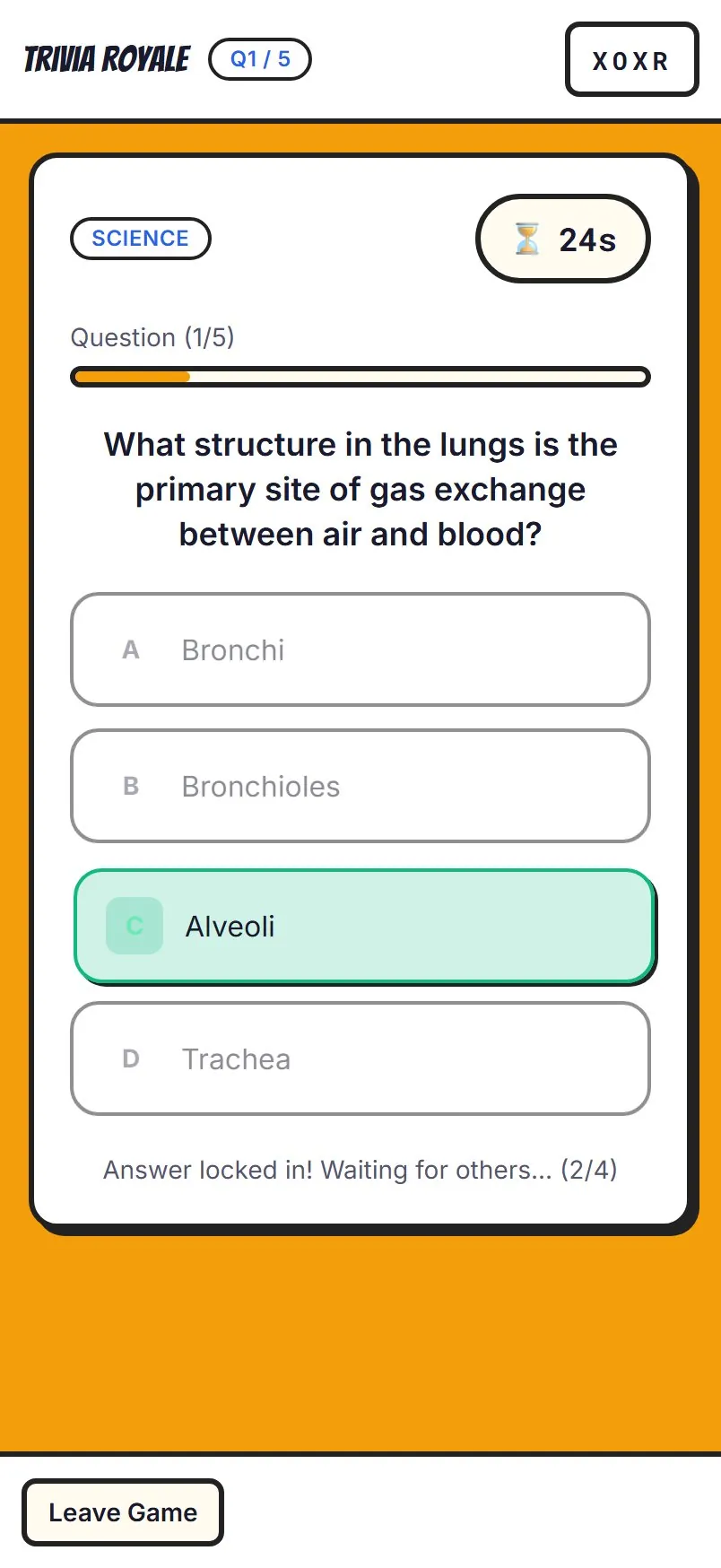 Trivia Royale: an answer locked in while the clock runs
