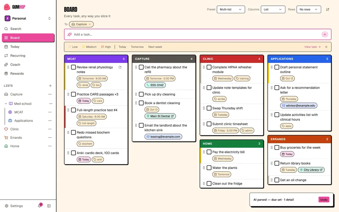 A parsed task on the GumHop board: a clean title, due tomorrow at 2:00 PM, with a phone number pulled out as a detail
