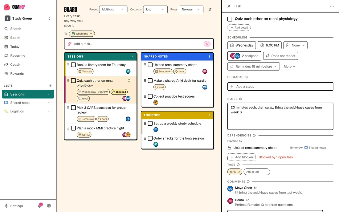 A Study Group team space: its board, and an open task assigned to two people, with comments