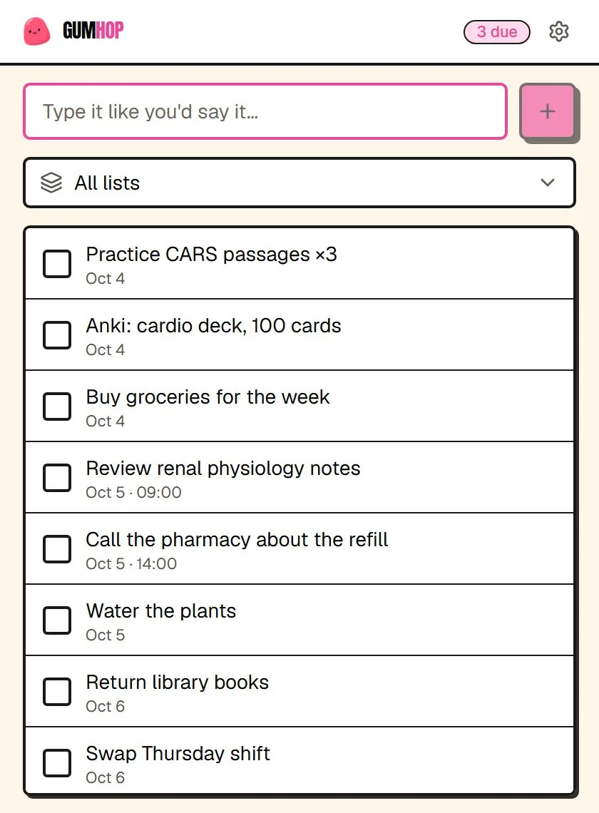 The GumHop extension popup over the page, with a task just added in plain words and parsed to tomorrow at 2:00 PM