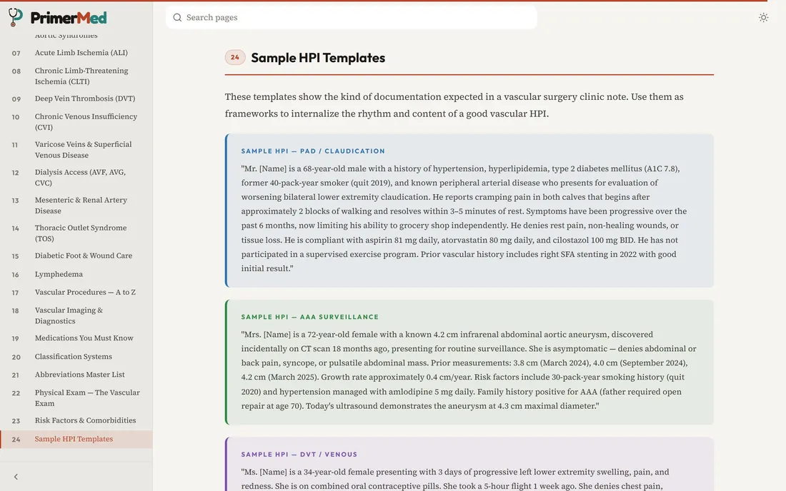 PrimerMed’s vascular surgery scribe guide, open at its sample HPI templates