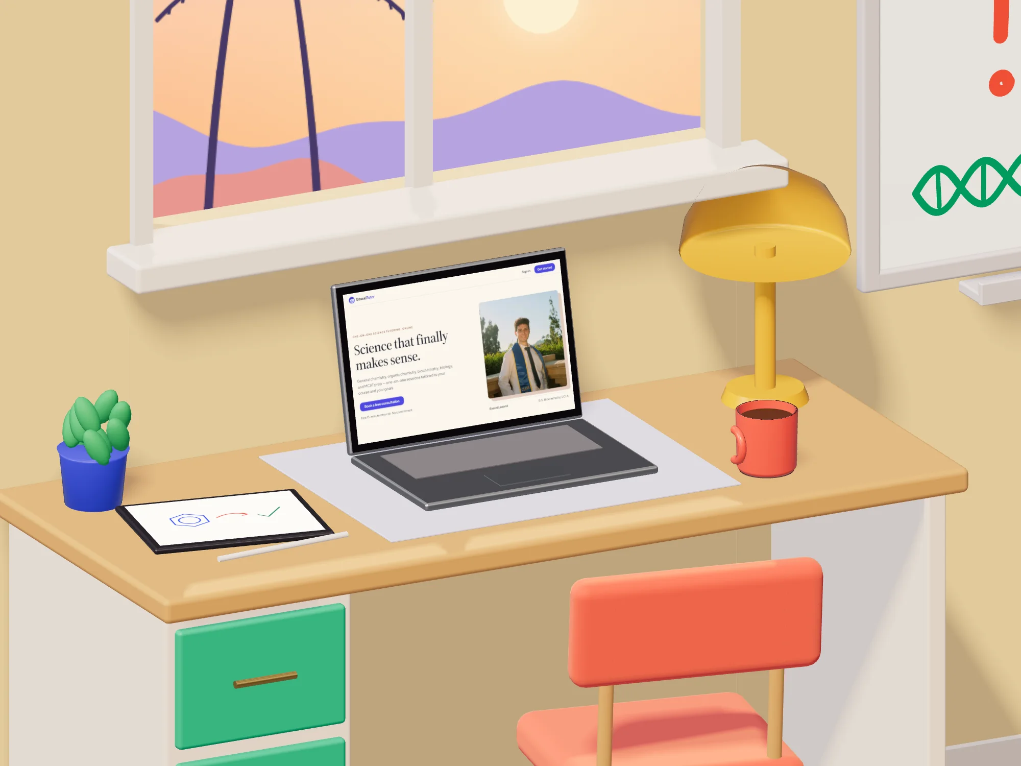 Close-up of the desk under the window: the laptop showing basseltutor.com, a tablet with a sketch, a coral mug and a marigold lamp.
