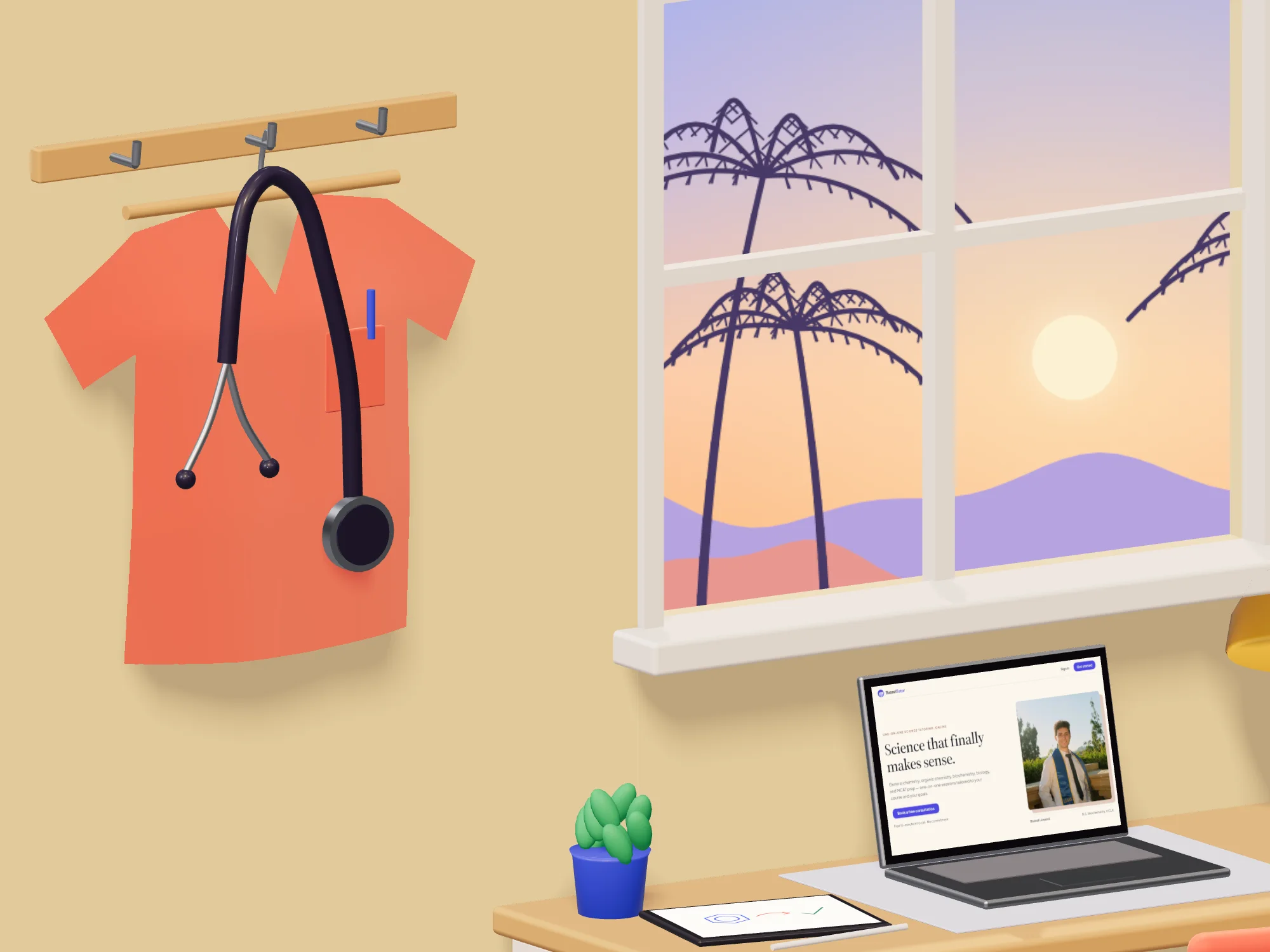 Close-up of coral scrubs on a hanger, with a stethoscope around the neck.