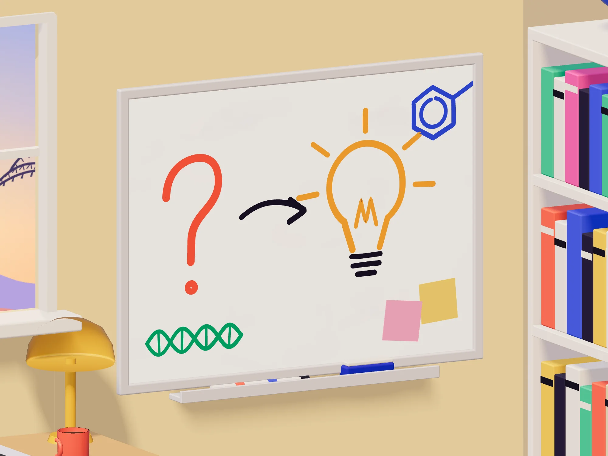 Close-up of the whiteboard: a coral question mark, an arrow, and a light bulb drawn in orange marker, with a benzene ring and a strand of DNA in the corners.