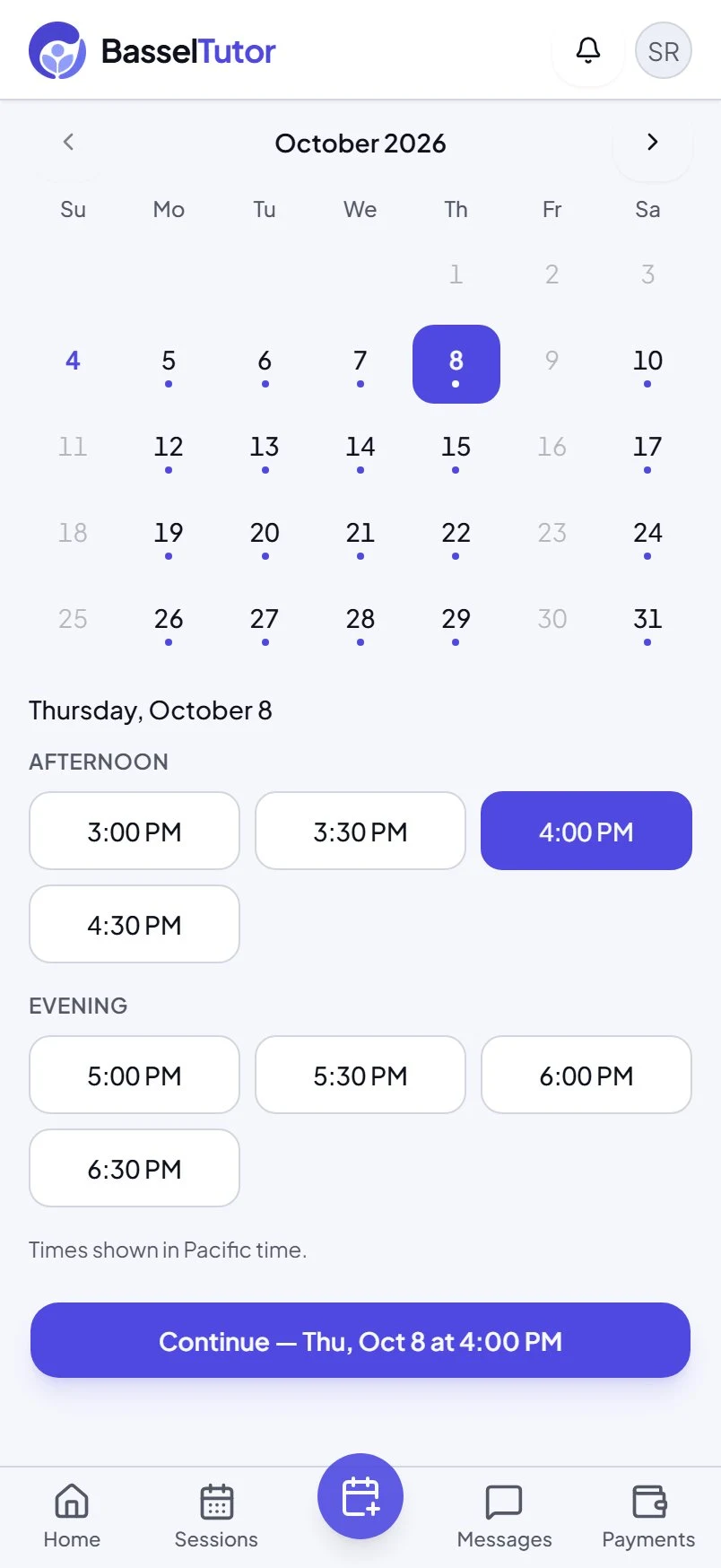 Booking the free 15-minute consultation on basseltutor.com on a phone: a calendar with open times.