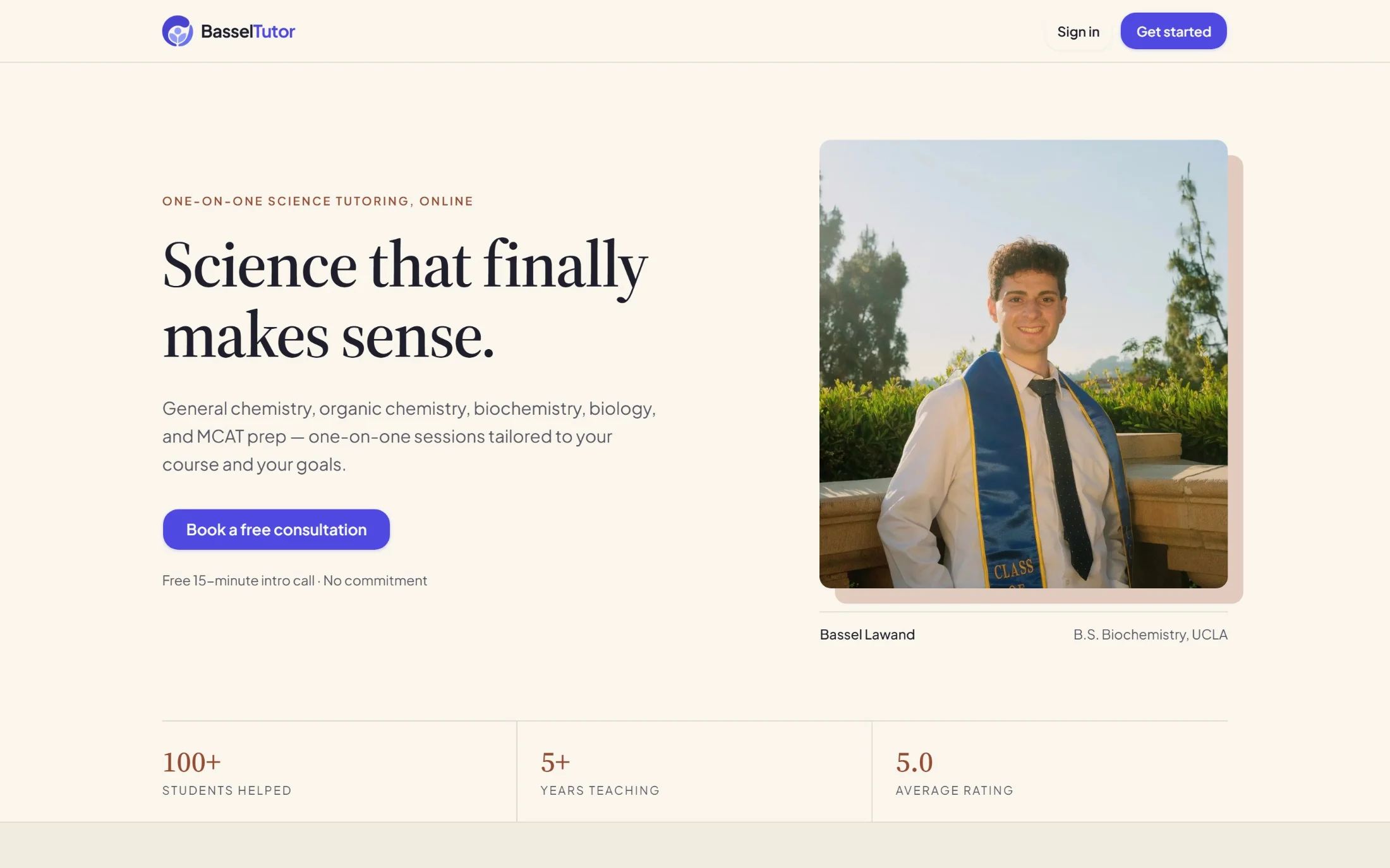 The basseltutor.com home page: “Science that finally makes sense.”, a button to book a free consultation, and Bassel’s graduation portrait.