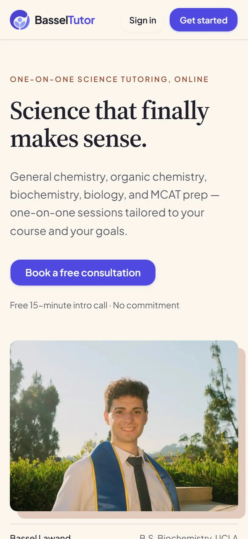 The basseltutor.com home page on a phone: “Science that finally makes sense.” and a button to book a free consultation.