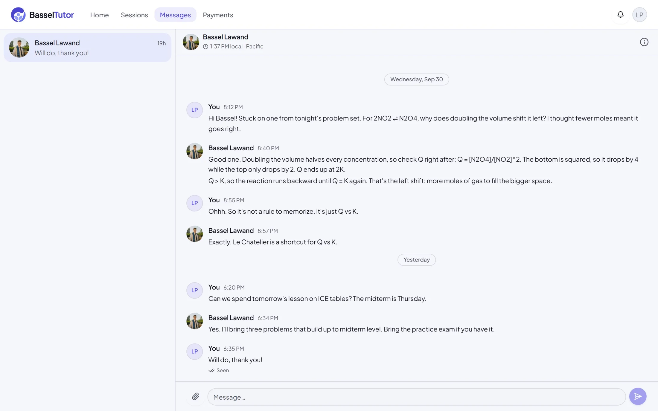 A sample conversation on basseltutor.com: a student asks about an equilibrium problem the night before a lesson, and Bassel explains it.