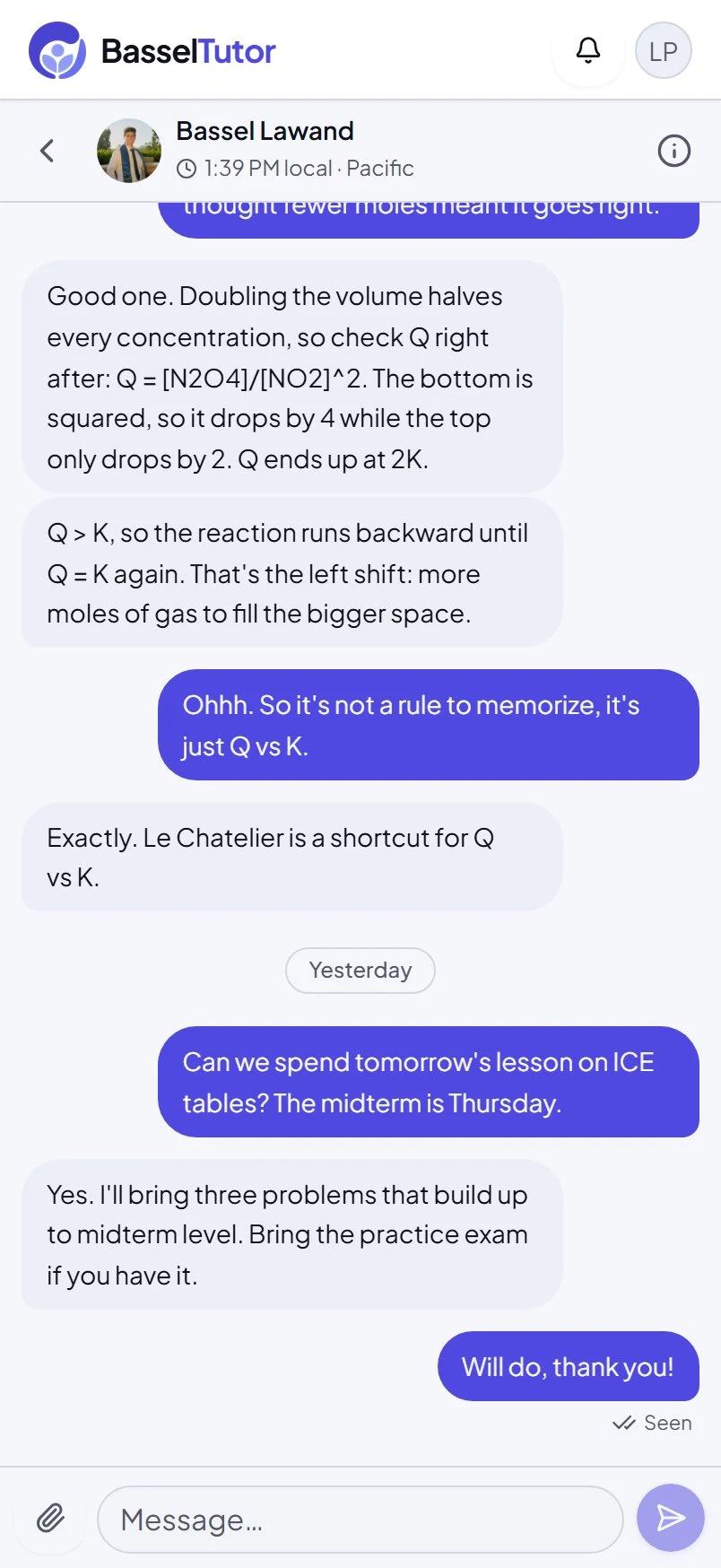 A sample conversation on basseltutor.com on a phone: Bassel explains an equilibrium problem to a student.