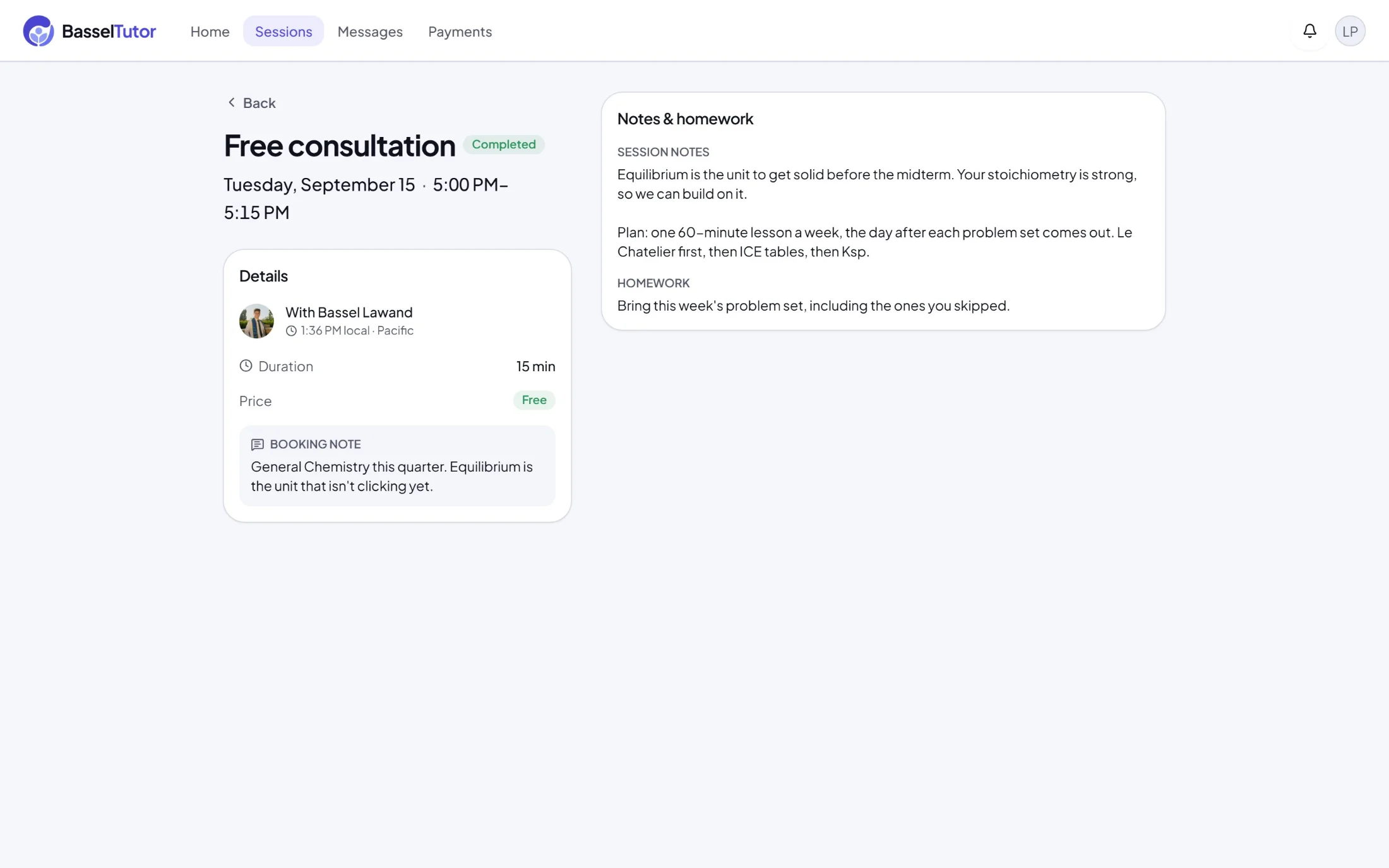 A finished consultation on basseltutor.com, with sample session notes and homework from Bassel.