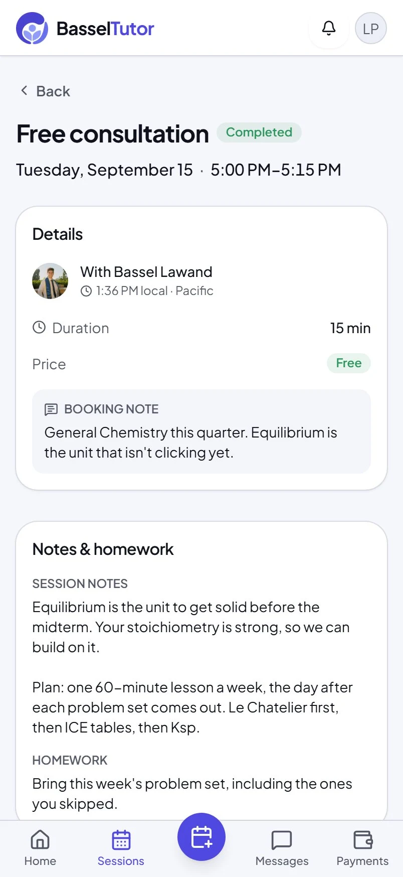 A finished consultation on basseltutor.com on a phone, with sample session notes and homework from Bassel.