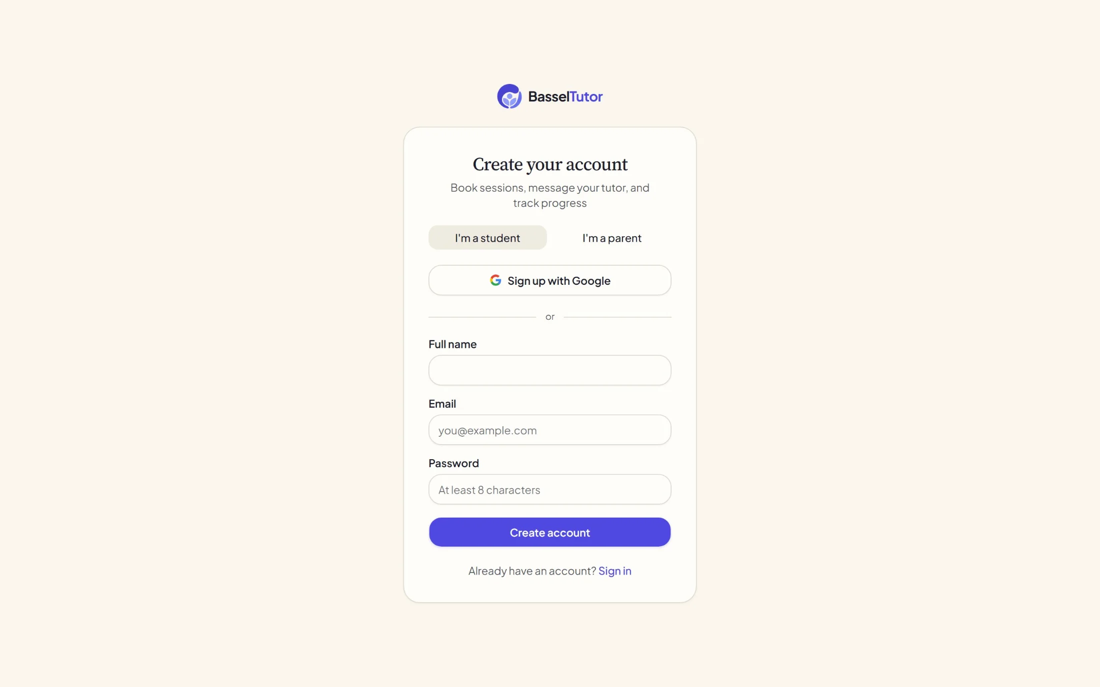 Creating an account on basseltutor.com, as a student or as a parent.