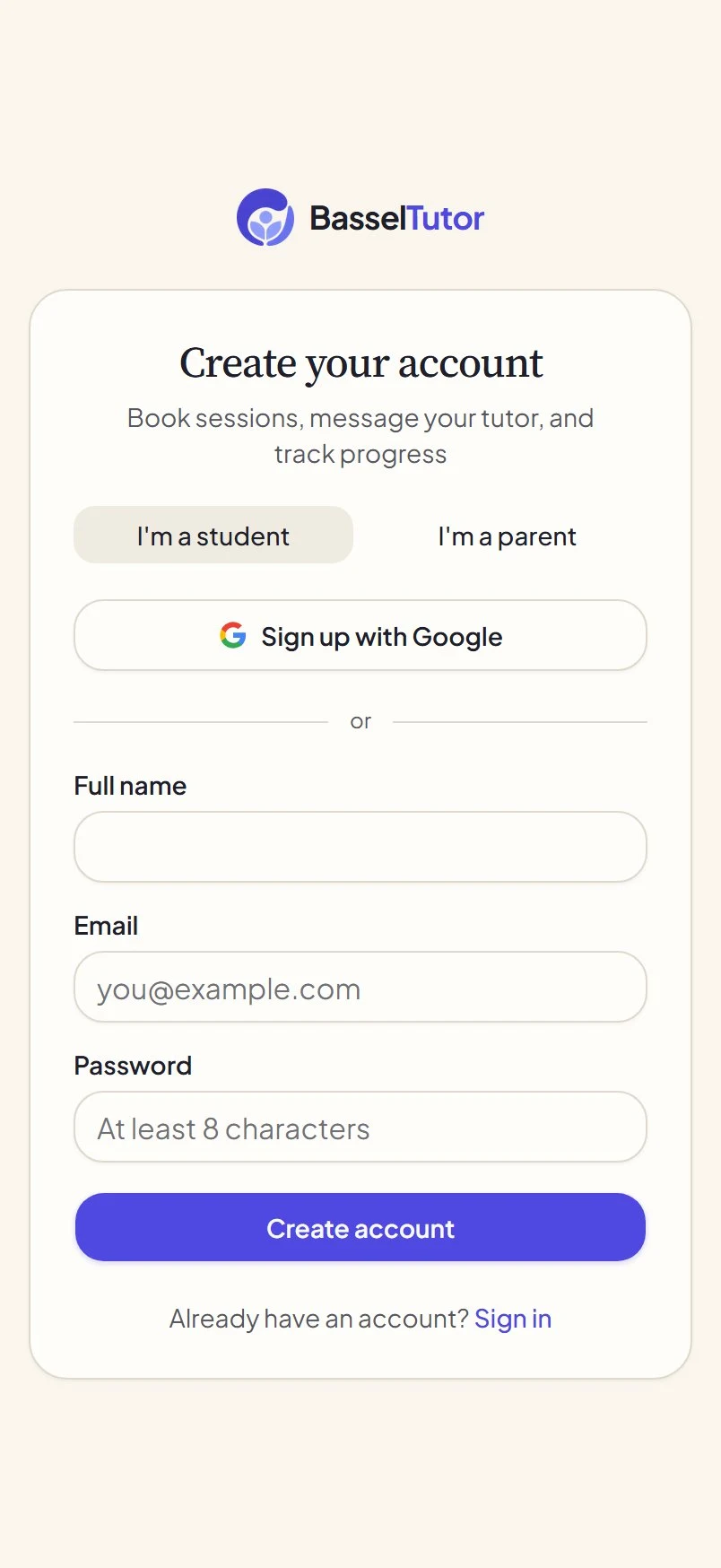 Creating an account on basseltutor.com on a phone, as a student or as a parent.
