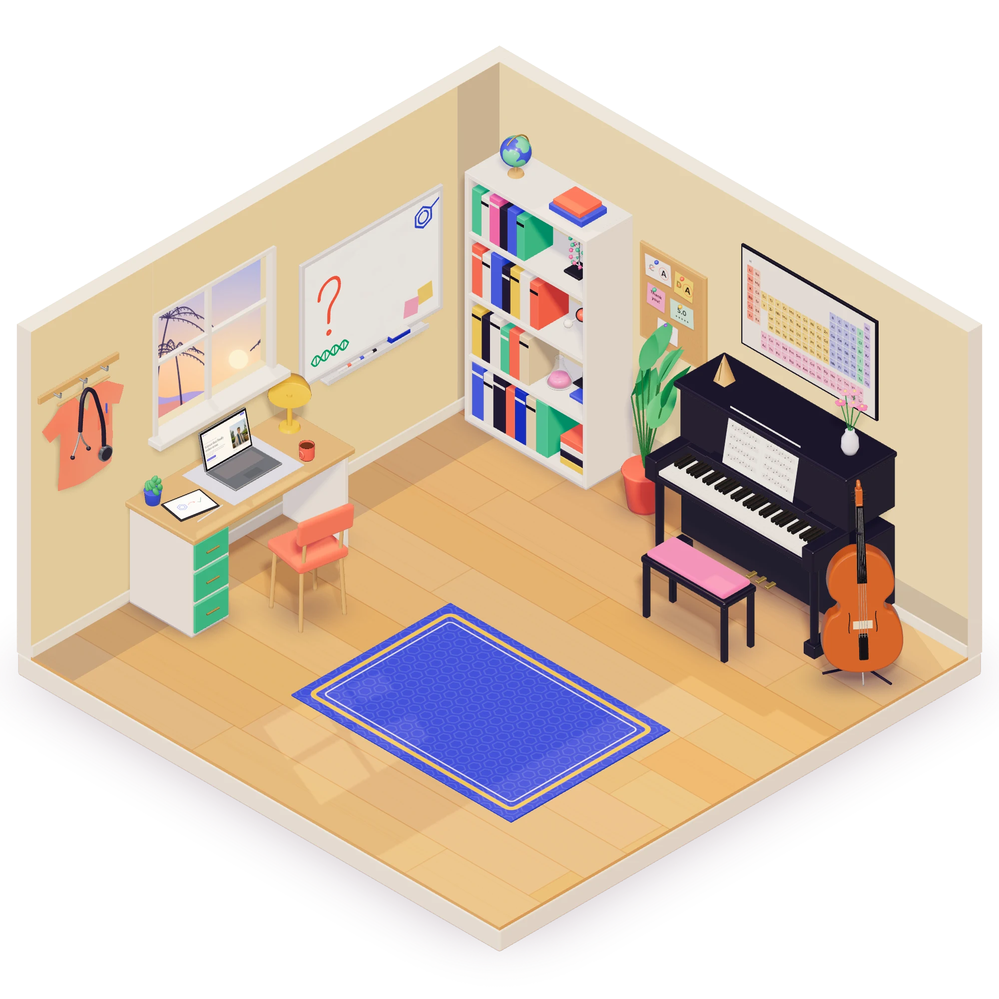 Bassel’s tutoring room in warm afternoon light, as a small 3D model: a whiteboard with a question mark and doodles, a desk under a window with a laptop showing basseltutor.com, coral scrubs and a stethoscope on a hook, a bookshelf of colourful chemistry and biology books with a microscope and a globe, a pinboard of student notes, a periodic table over an upright piano, a cello on its stand and a cobalt rug.